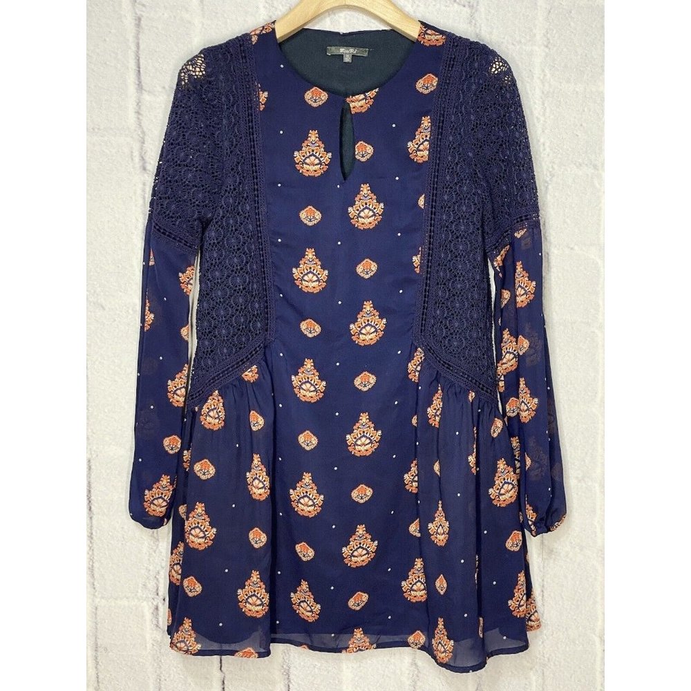 Miss Me Long Sleeve Boho Dress Blue Women's Size M Lace Accents Lined Top Button